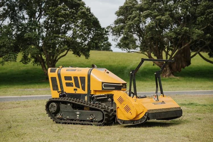 Connie, the T400 compact remote-controlled mulcher, parked on a mown reserve